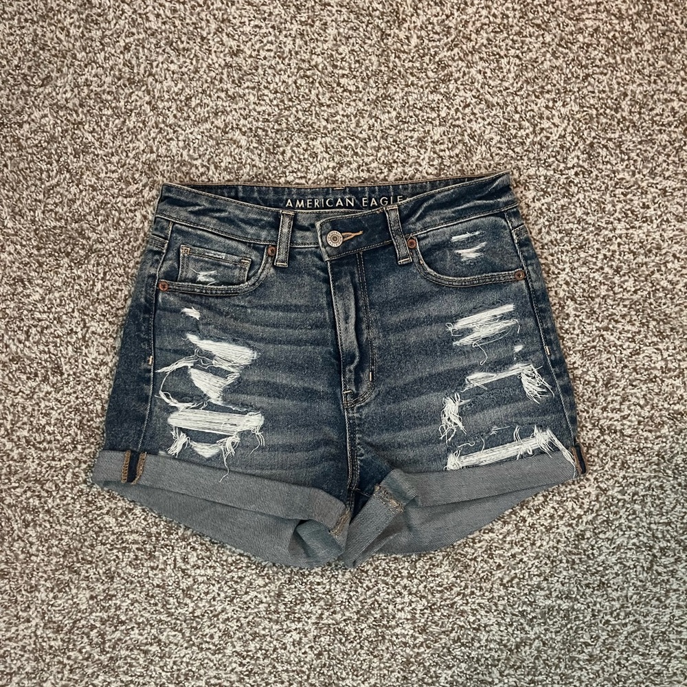 American Eagle Outfitters Women's Ripped Jean Shorts - Dark Blue